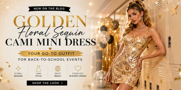 Golden Floral Sequin Cami Mini Dress with sparkling floral sequins for back-to-school parties and homecoming events by Vedress