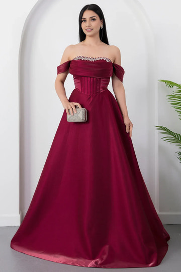 A-Line Off-Shoulder Satin Formal Evening Dress with Rhinestone Embellished Bust