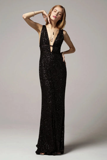 Sleek Sheath Trumpet Plunge Neck Sleeveless Sequin Open-Back Evening Dress