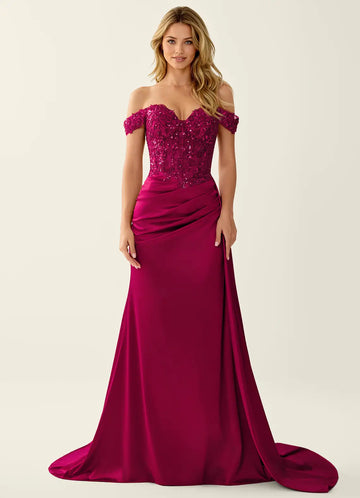 Glamorous Mermaid Sweetheart Off Shoulder Lace Satin Floor Length Prom Dress