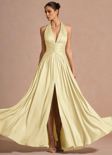 Elegant A-line Halter Sleeveless Maxi Lace-up Slit Formal Wedding Guest Dress
