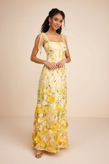 Romantic A-Line Square-Neck Sleeveless Mesh Floral Applique Cocktail Dress Tie-Strap Wedding Guest Dress
