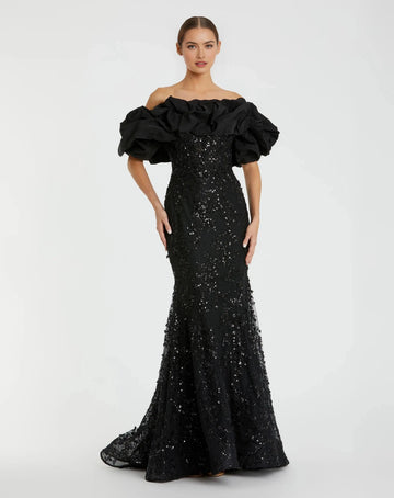 Radiant Mermaid Off Shoulder Ruffle Sleeve Zipper Back Floor Length Evening Dress