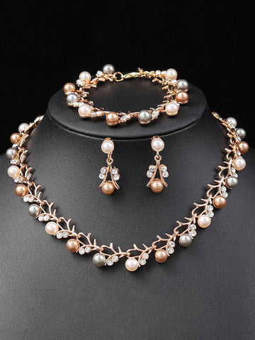 Rose Gold Pearl and Rhinestone Vine Jewelry Set