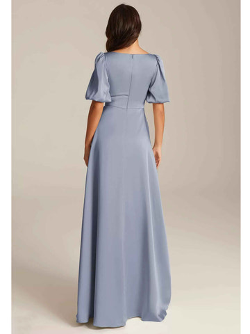 Square Neck Puff Sleeve Satin A-Line Bridesmaid Maxi Dress with Side Slit