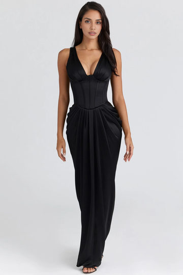 Formal Sheath Plunge V-Neck Sleeveless Satin Corset Evening Dress