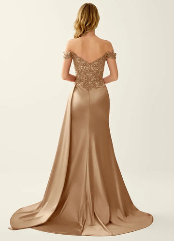 Glamorous Mermaid Sweetheart Off Shoulder Lace Satin Floor Length Prom Dress