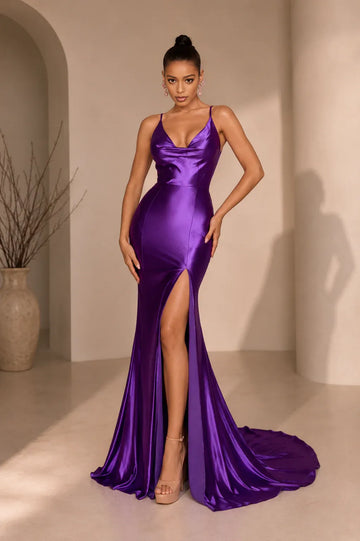 Sleek Mermaid Cowl Neck Spaghetti Strap Satin Lace-Up High Slit Evening Gown