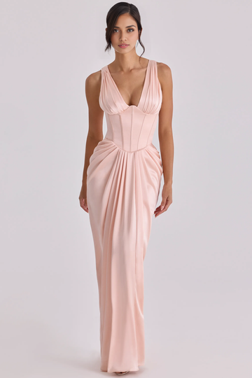 Formal Sheath Plunge V-Neck Sleeveless Satin Corset Evening Dress