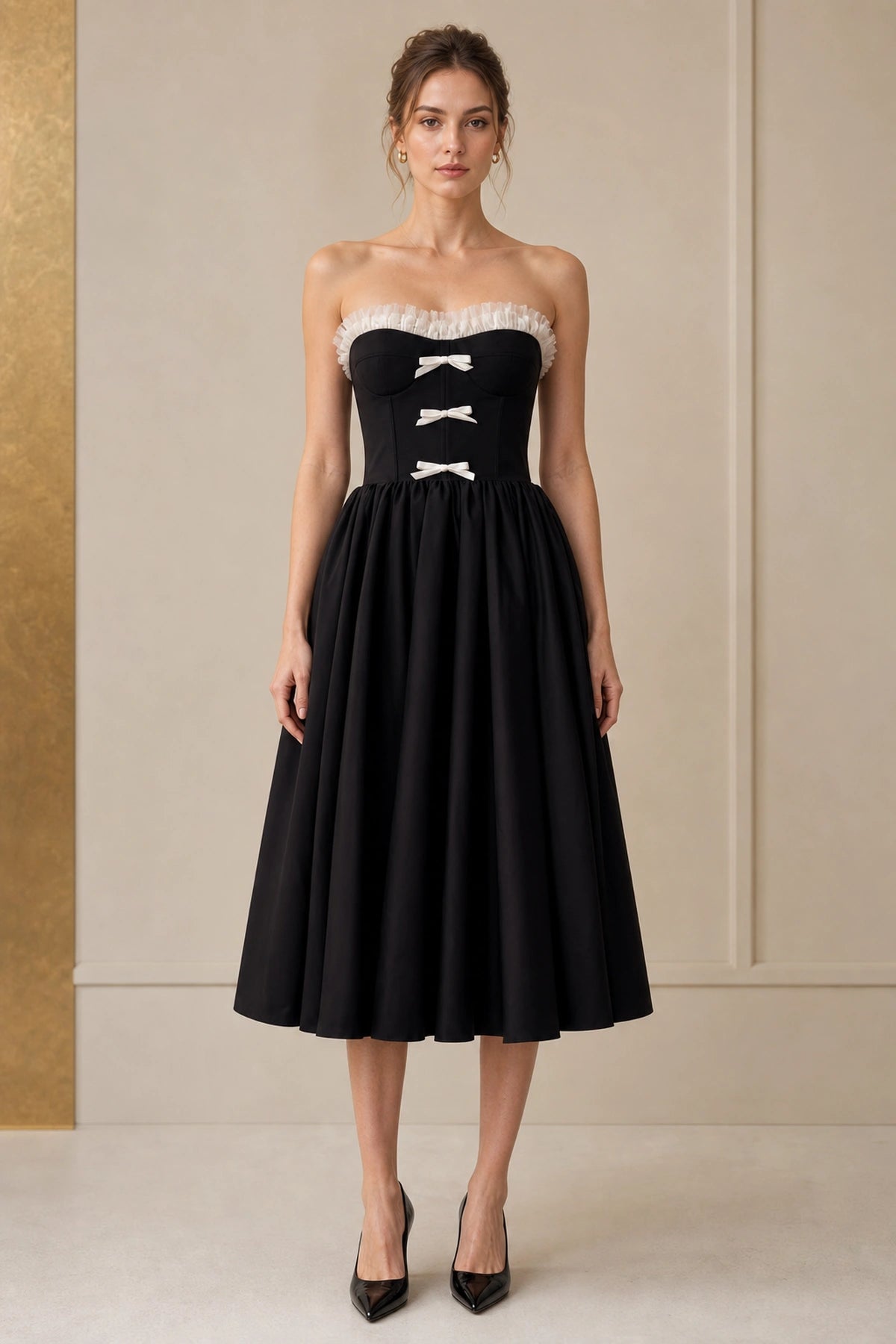Vedress black coquette strapless a line midi homecoming dress with white bow and ruffle trim