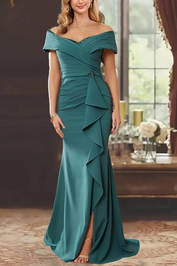 Chic Mermaid Off Shoulder Zip Back Slit Floor Length Mother Of The Bride Dress