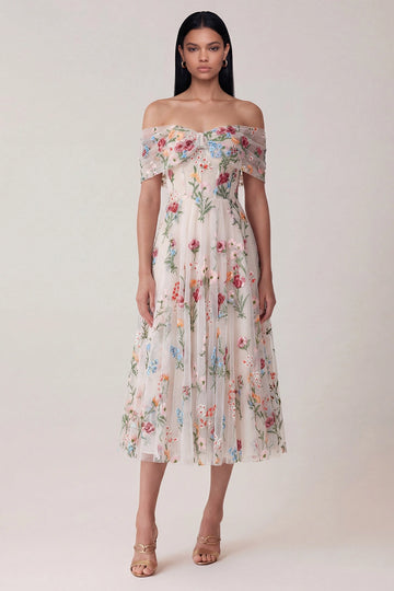 Off Shoulder Colorful Floral Embroidered Tulle Midi Wedding Guest Dress