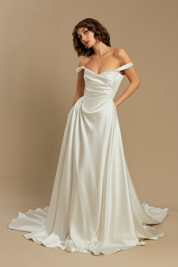 Elegant A-Line Off Shoulder Cowl Neck Lace Up Back Train Wedding Dress
