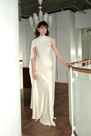 Minimal Sheath High Neck Sleeveless Cape Open Back Floor Length Wedding Gown