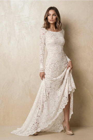 Vedress boho ivory floral lace boat neck long sleeve mermaid wedding dress with high low skirt slit for beach elopement