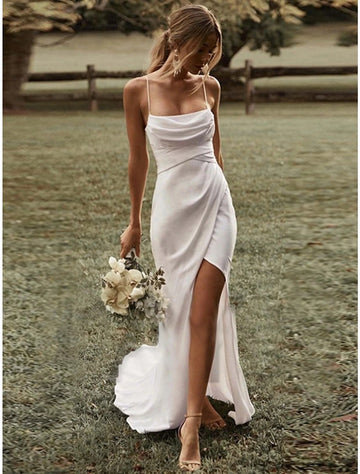 Satin Midi-Mermaid Cowl Spaghetti Strap Cutout Tie Back Train Wedding Gown