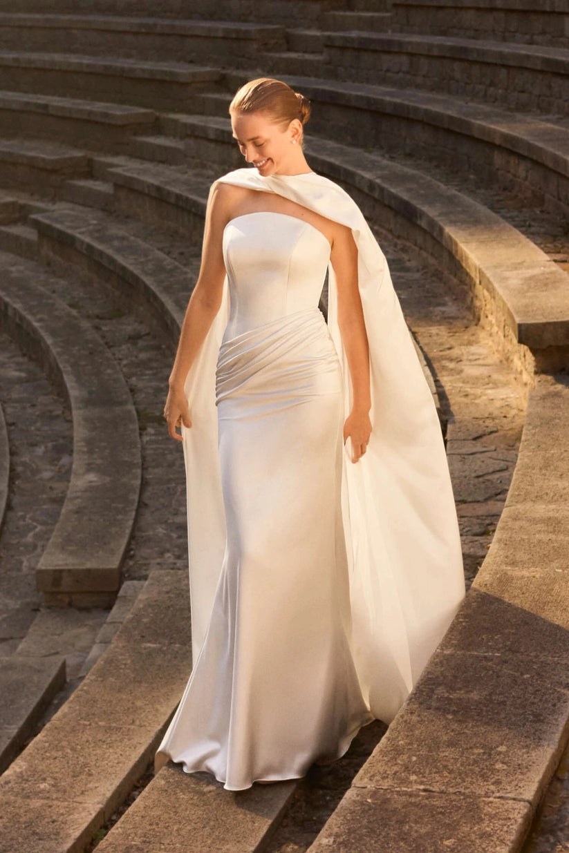 Vedress ivory satin wedding dress elegant strapless cape draped mermaid gown sweep train for ancient ruin elopement wedding