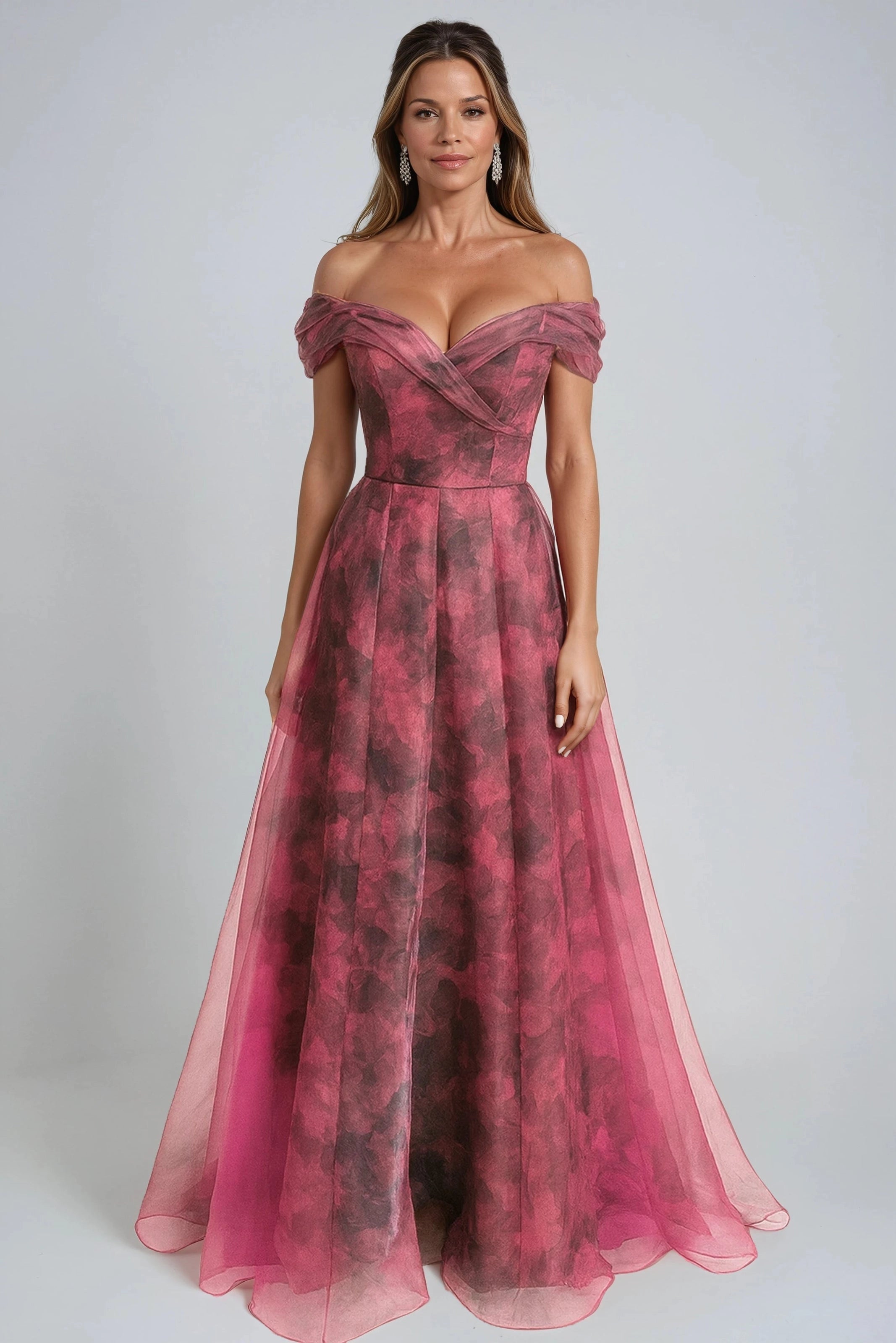 Vedress rose floral floor-length evening dress with sweetheart neckline off-shoulder sleeves and A-line skirt front view