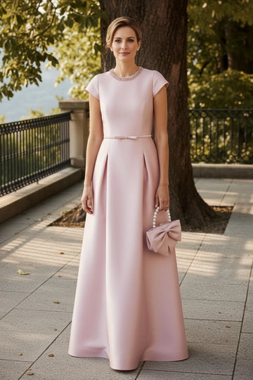 Elegant A-Line Crew Neck Cap Sleeve Floor Length Wedding Guest Dress