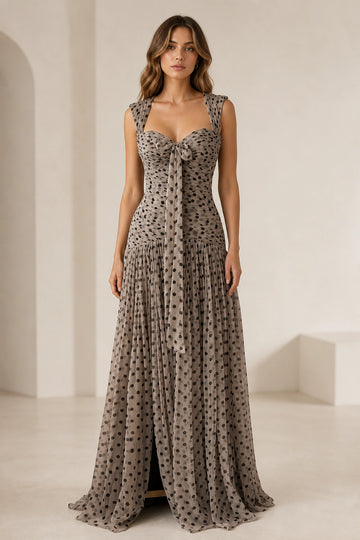 Taupe Polka Dot Sleeveless Bow Front Cutout Back Maxi Prom Dress