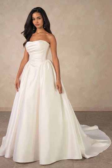 Vedress ivory satin wedding dress classic strapless ruched ballgown cathedral train minimalist church bridal gown