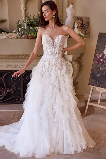 Vedress strapless lace a-line wedding dress, sweetheart corset bodice ruffled tulle bridal gown with train, front view