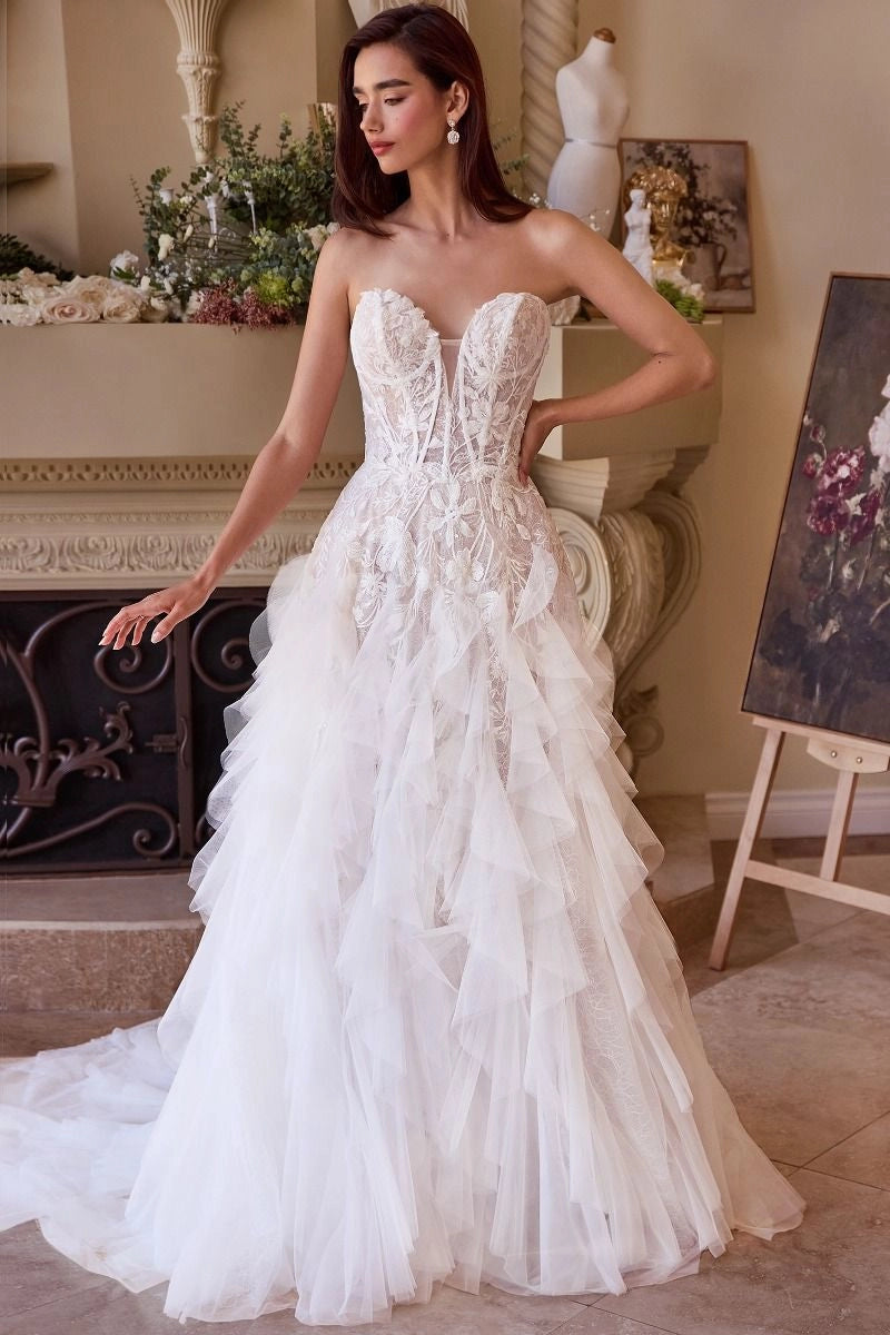 Vedress strapless lace a-line wedding dress, sweetheart corset bodice ruffled tulle bridal gown with train, front view