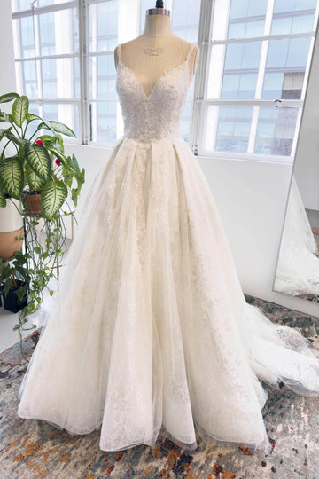 Luxury Ballgown V-Neck Spaghetti Strap Deep V Button Back Cathedral Train Bridal Wedding Dress