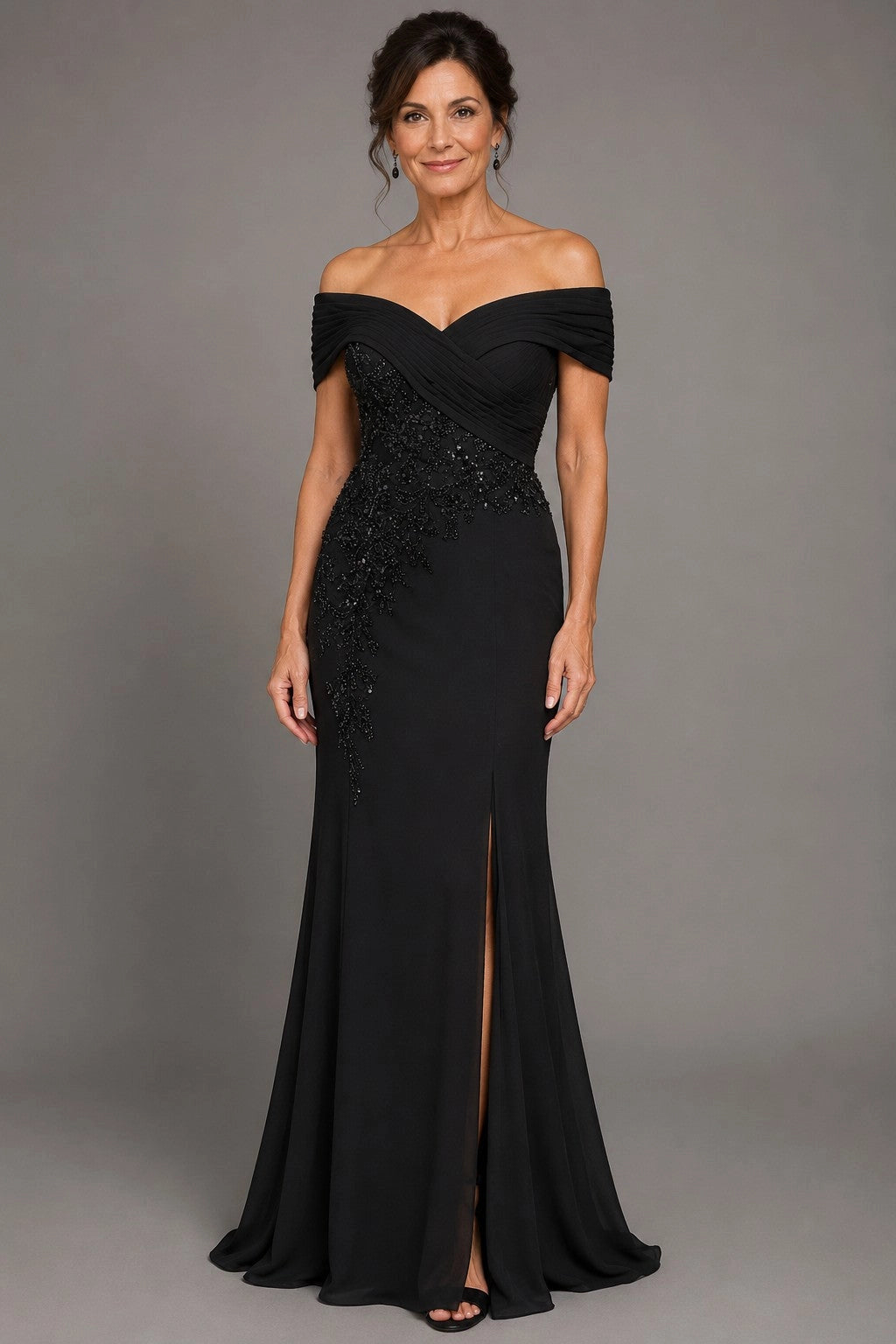 Vedress black elegant off shoulder mermaid mother of the bride gown with side beaded embroidery and thigh high slit for formal wedding event