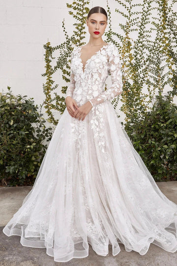Romantic 3D Floral A-Line Deep V Long Sleeve Low Back Tulle Wedding Dress