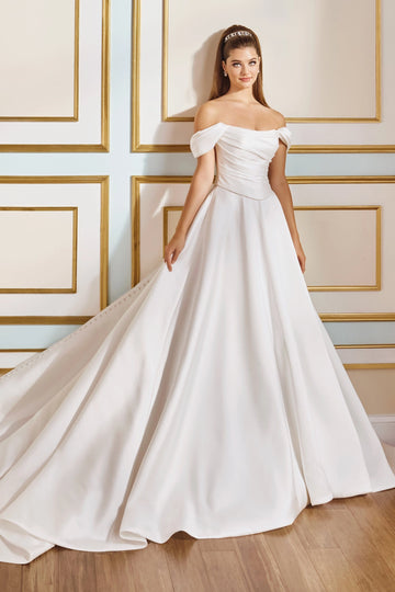 Vedress white satin a line wedding dress off shoulder draped sleeve twisted bodice gown with cathedral train for formal church castle wedding