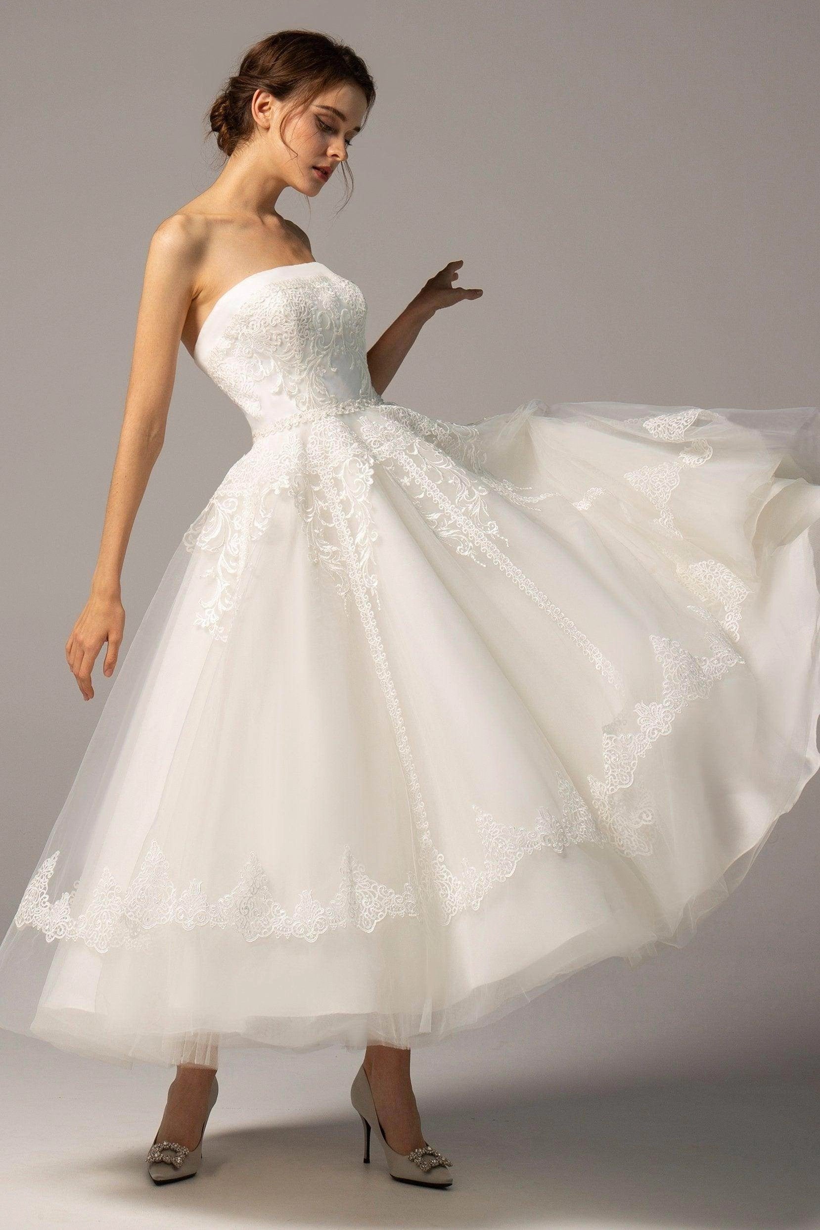 Vedress romantic vintage strapless lace a line tea length midi wedding dress for civil intimate elopement bride