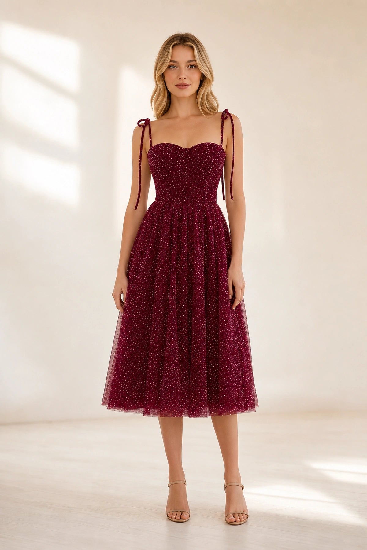 Vedress Burgundy Sparkly Sweetheart Lace Up Back Midi Homecoming Dress – VEDRESS