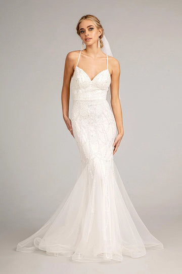 Vedress spaghetti strap art deco beaded mermaid wedding dress, v neck fitted tulle bridal gown with sweep train, front view