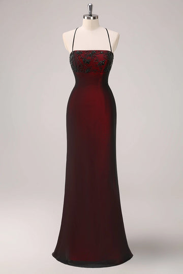 Vedress burgundy beaded spaghetti straps mermaid long wedding guest dress mannequin shot