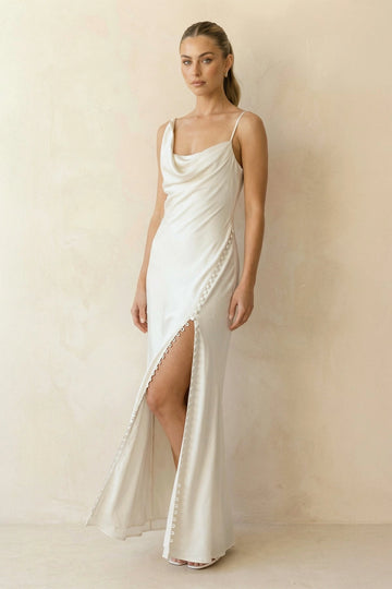 Vedress luxury white satin cowl neck sleeveless mermaid maxi bridesmaid dress with side slit buttons for wedding party