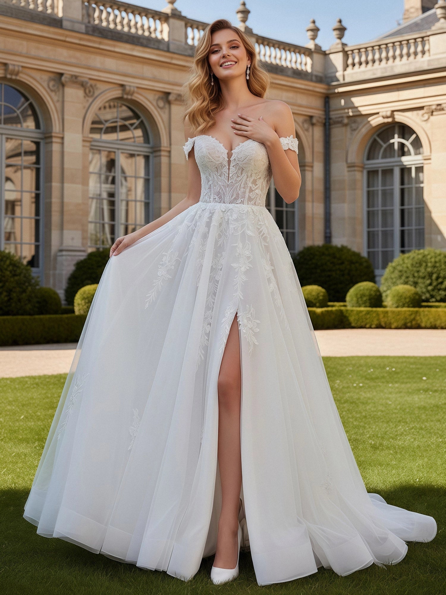 Vedress white lace a line wedding dress off shoulder cap sleeve deep v high slit gown with train for castle garden outdoor wedding