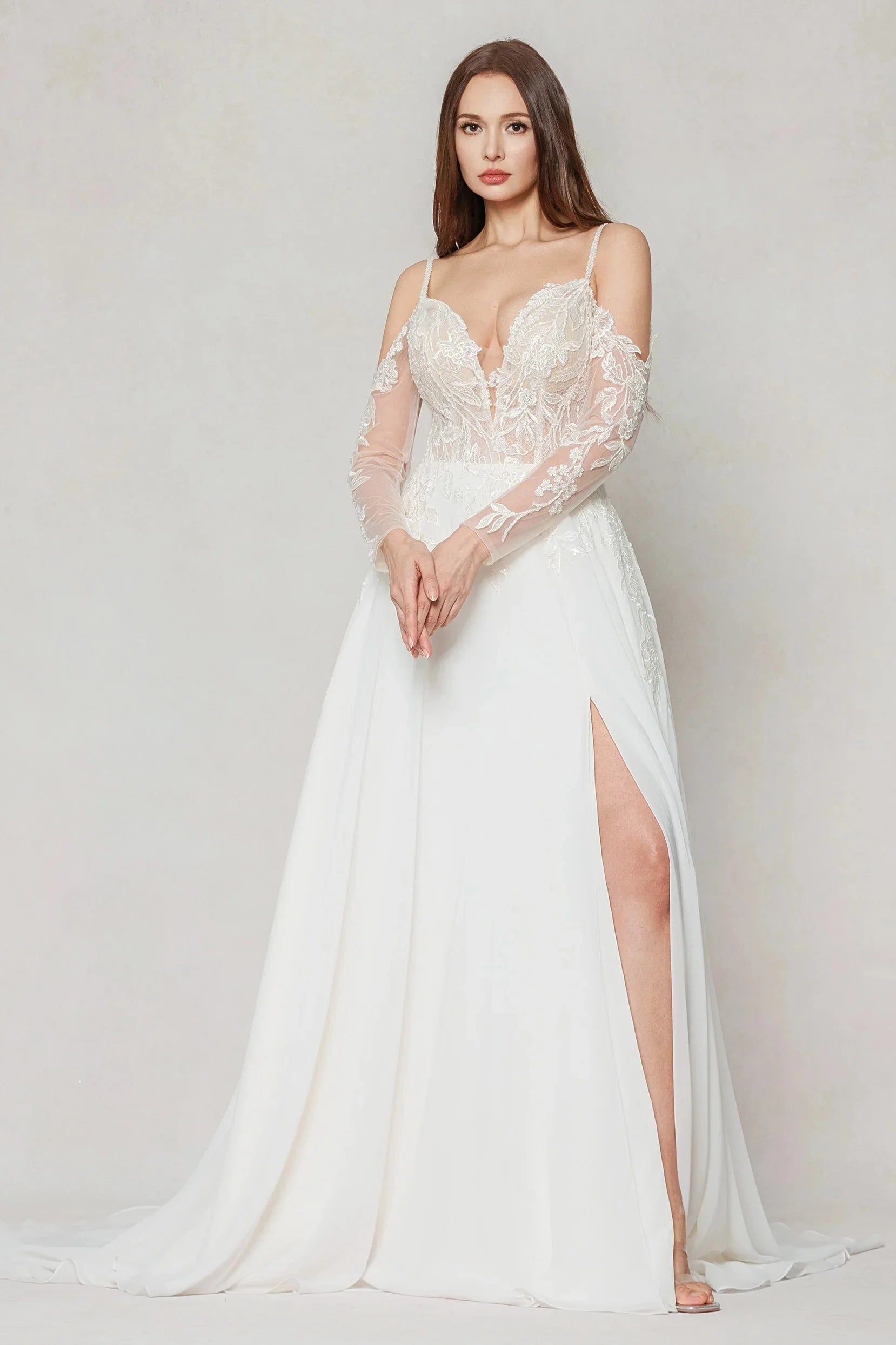 Vedress dreamy floral lace chiffon a line wedding dress detachable long sleeve thigh high slit for beach garden elopement bride