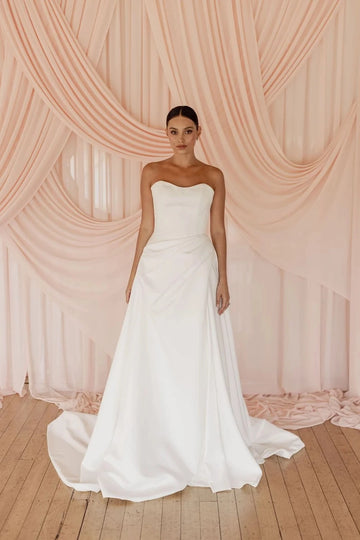 Vedress ivory satin wedding dress romantic fold off shoulder ballgown cathedral tain soft studio bridal gown