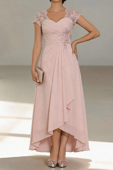 Vedress blush chiffon high low mother of the bride dress sweetheart lace cap sleeve floral applique gown for garden wedding Ascot race day