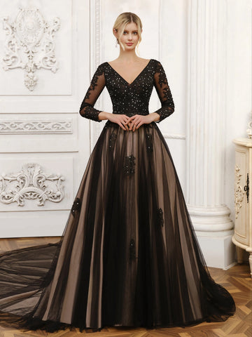Elegant A Line V Neck Long Sleeve Lace Up Cathedral Train Wedding Dress