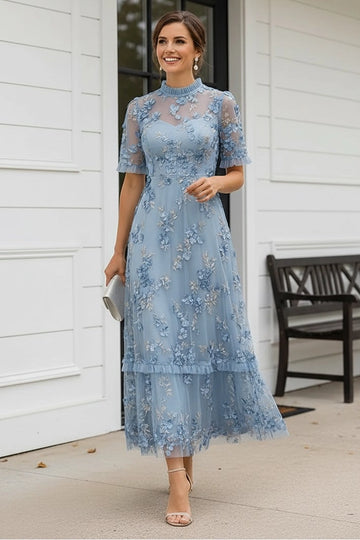 Dusty Blue A-line High Neck Short Sleeve Ankle Length Mother of Bride Dress