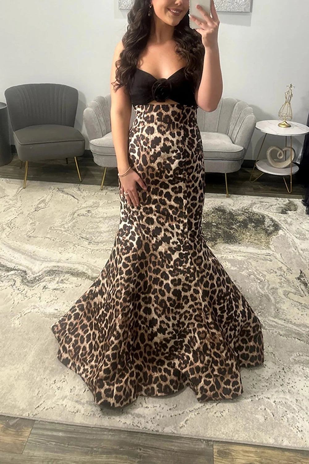 Vedress leopard print mermaid strapless 3d flower prom dress front view