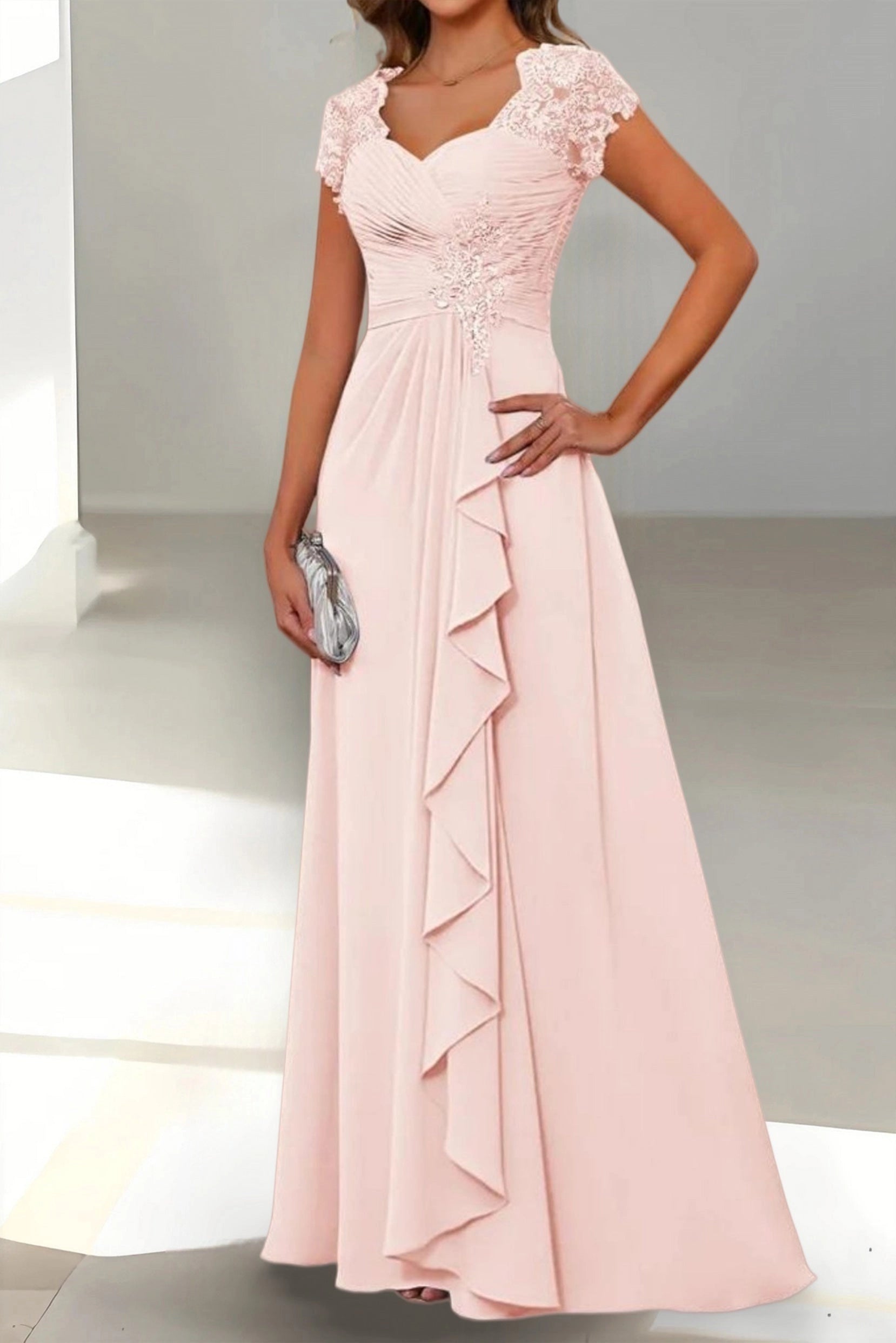 Vedress blush chiffon floor length mother of the bride dress sweetheart lace cap sleeve floral applique cascading ruffle gown for garden wedding Ascot race day