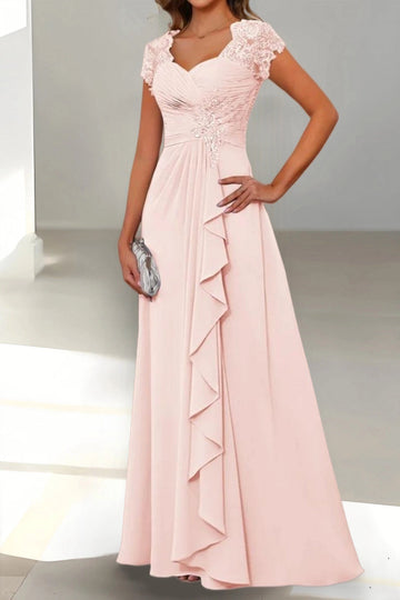 Vedress blush chiffon floor length mother of the bride dress sweetheart lace cap sleeve floral applique cascading ruffle gown for garden wedding Ascot race day