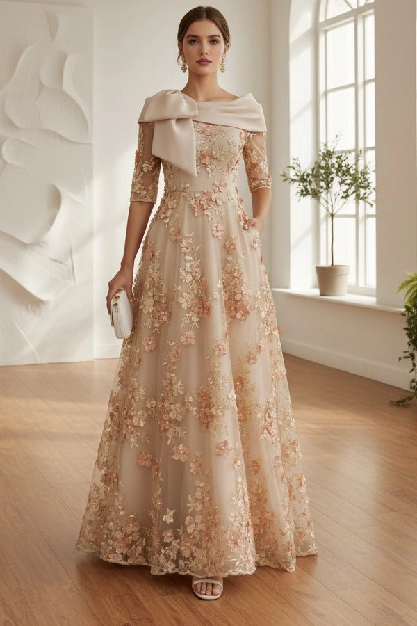 Vedress floral lace off-shoulder A-line floor length wedding guest dress front view