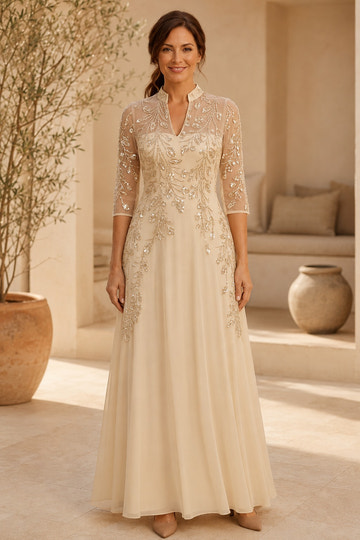 Champagne A-Line High Notch Neck Elbow Sleeve Illusion Back Floor-Length Mother Of The Bride Dress