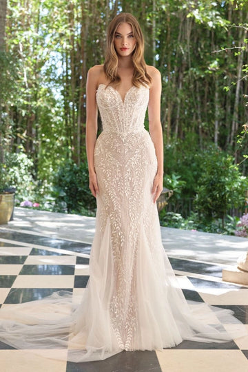 Vedress strapless beaded leaf mermaid wedding dress, sweetheart corset tulle bridal gown with sweep train, front view