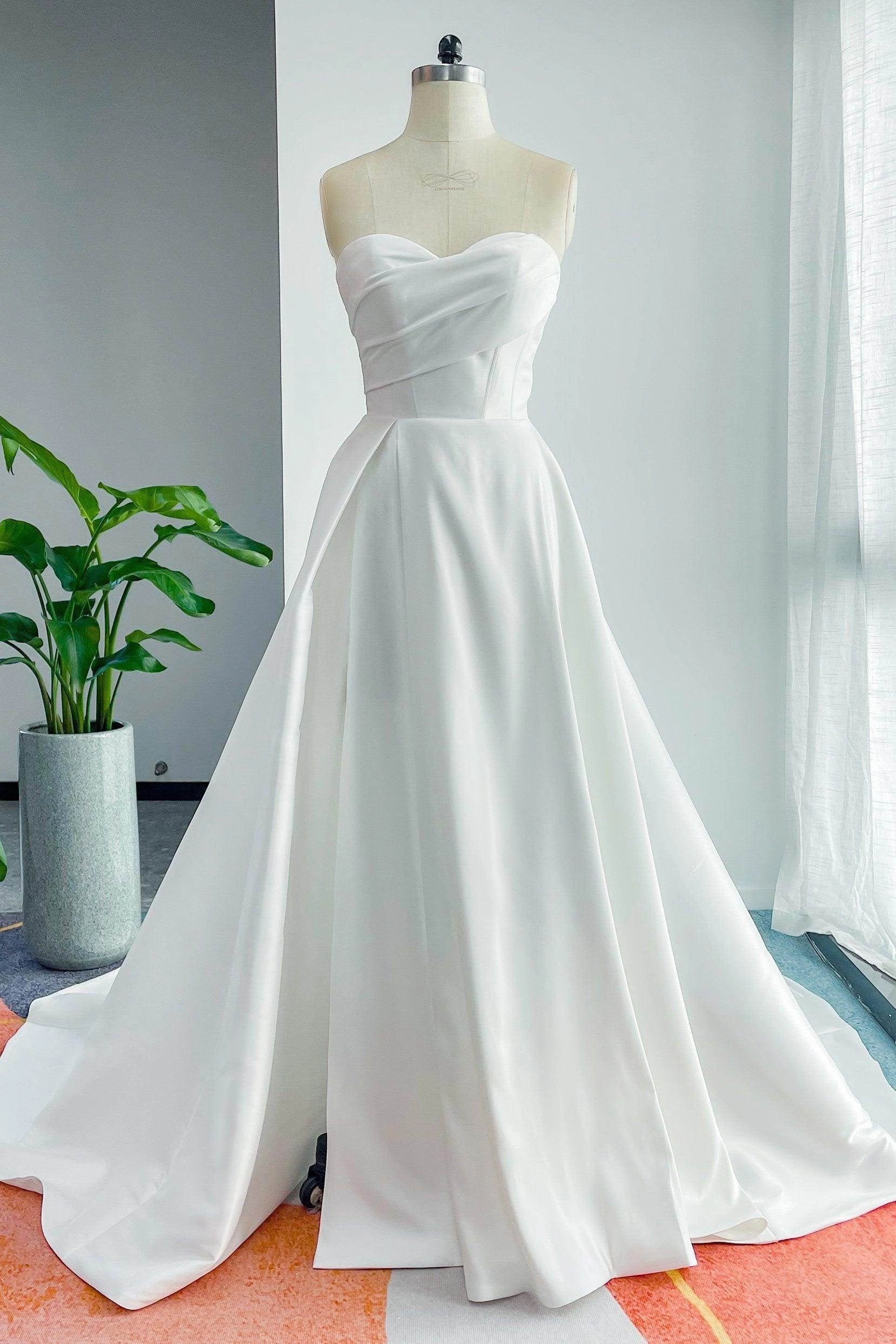 Vedress minimalist white satin sweetheart strapless a line chapel train wedding dress mannequin front shot