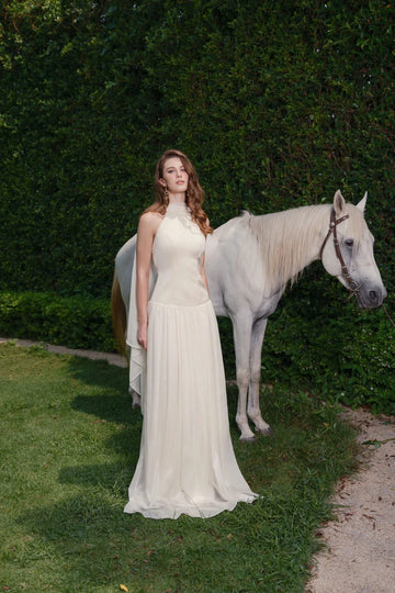 Elegant A‑Line Halter Sleeveless Criss‑Cross‑Back Floor‑Length Wedding Dress